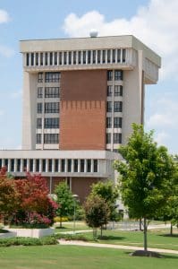The library tower across the campus