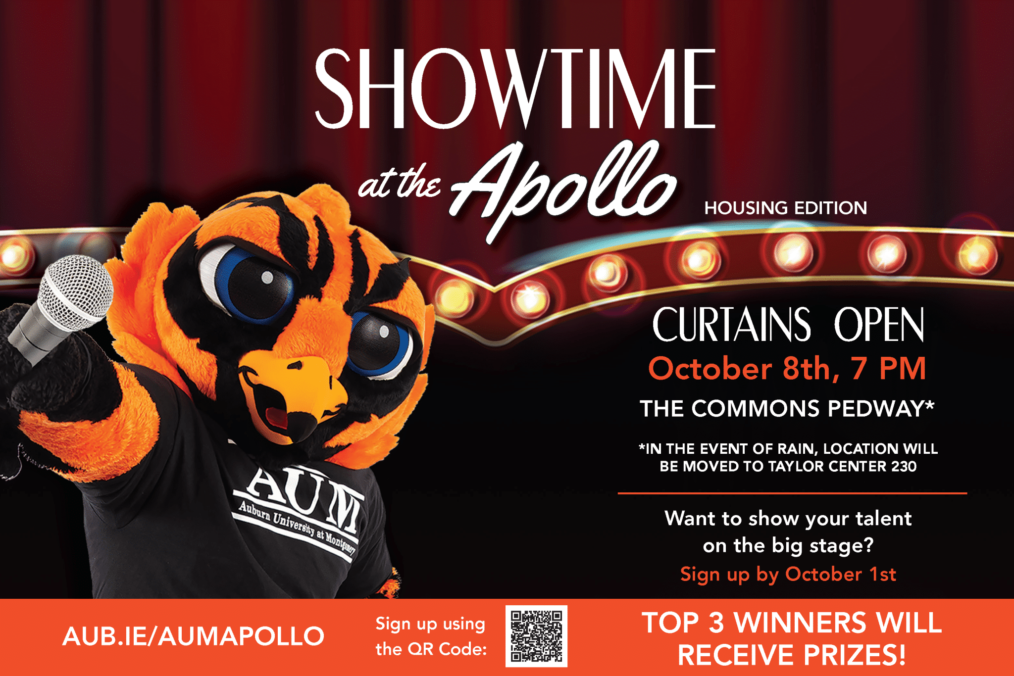 Aubie the tiger mascot holding a microphone promoting Showtime at the Apollo event at AUM, October 8th, 7 PM.