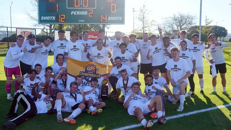 AUM Men's soccer celebrate first GSC title.