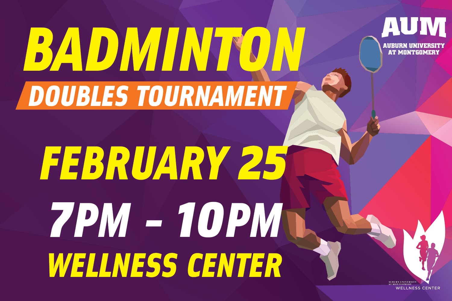Join the AUM Badminton Doubles Tournament on Feb 25, 7-10 PM, at the Wellness Center. A player is serving.