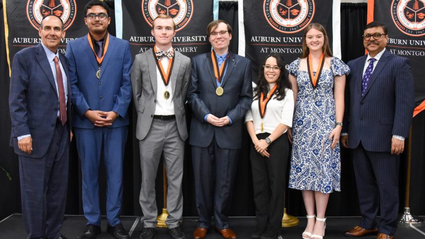 From Left To Right, AUM Chancellor Carl Stockton, Aditya Singh, Alan Gamper, Nathan Jordan, Alejandra Palacios-Castaneda, Whitley Watwood, And Provost Mrinal Varma