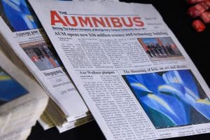 A close-up of The Aumnibus' April 2025 print issue.