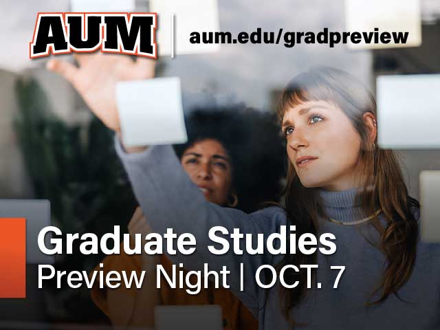 AUM Graduate Studies Preview Night promotion with two people in discussion.