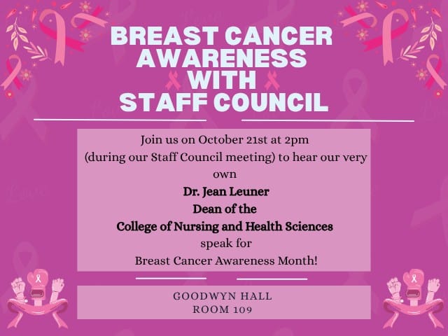 Breast Cancer Awareness event at AUM with Dr. Jean Leuner on October 21st, Goodwyn Hall, Room 109.