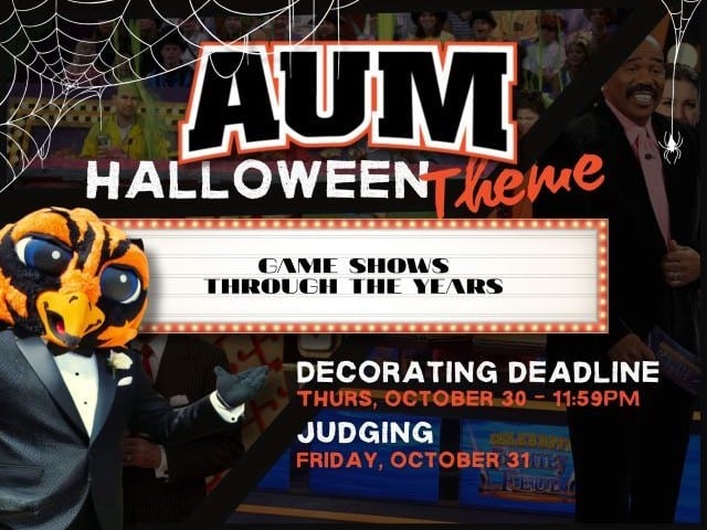 AUM Halloween event poster featuring game shows theme with decoration and judging details.