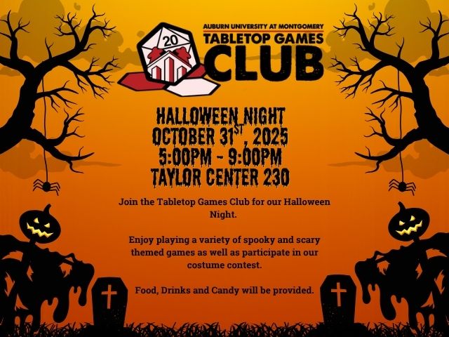 AUM Tabletop Games Club Halloween Night event poster with spooky Halloween graphics.