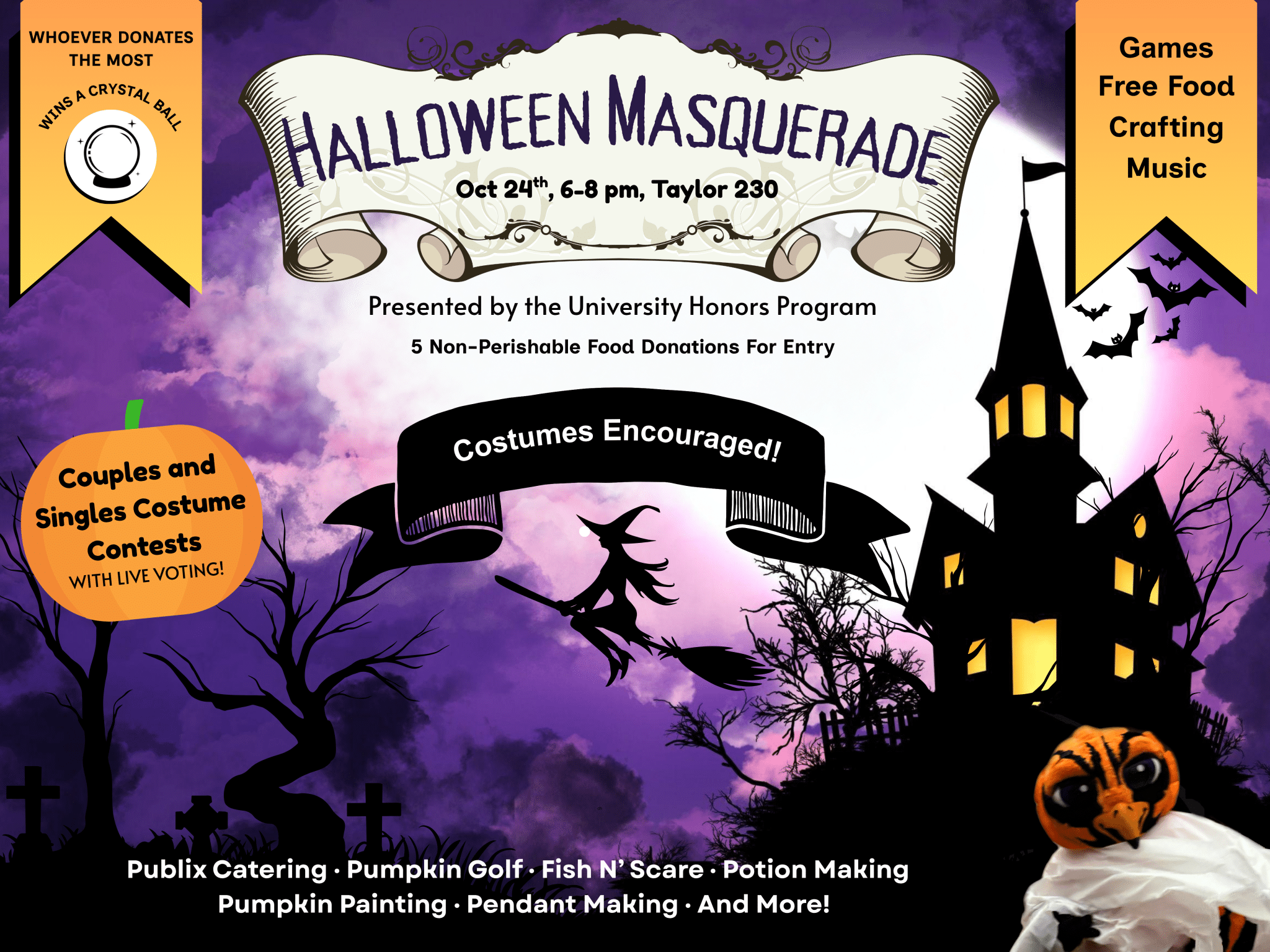Auburn University at Montgomery Halloween Masquerade event flyer with costume contest, games, and food on October 24th.