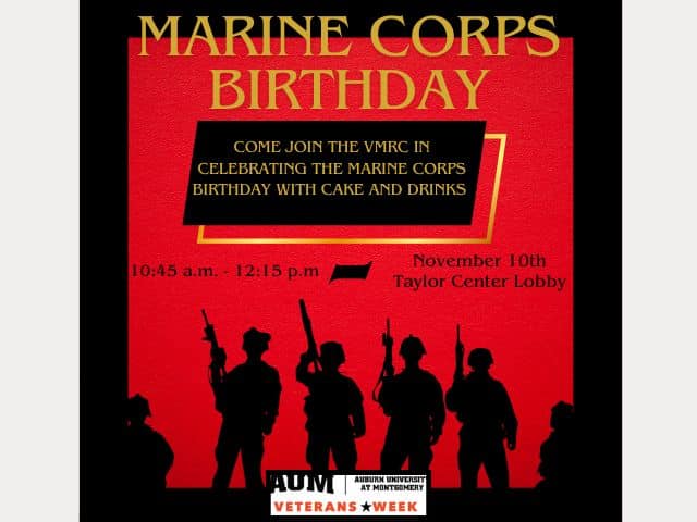 Marine Corps Birthday event at AUM, November 10th, Taylor Center Lobby, 10:45 AM - 12:15 PM, silhouettes of soldiers.