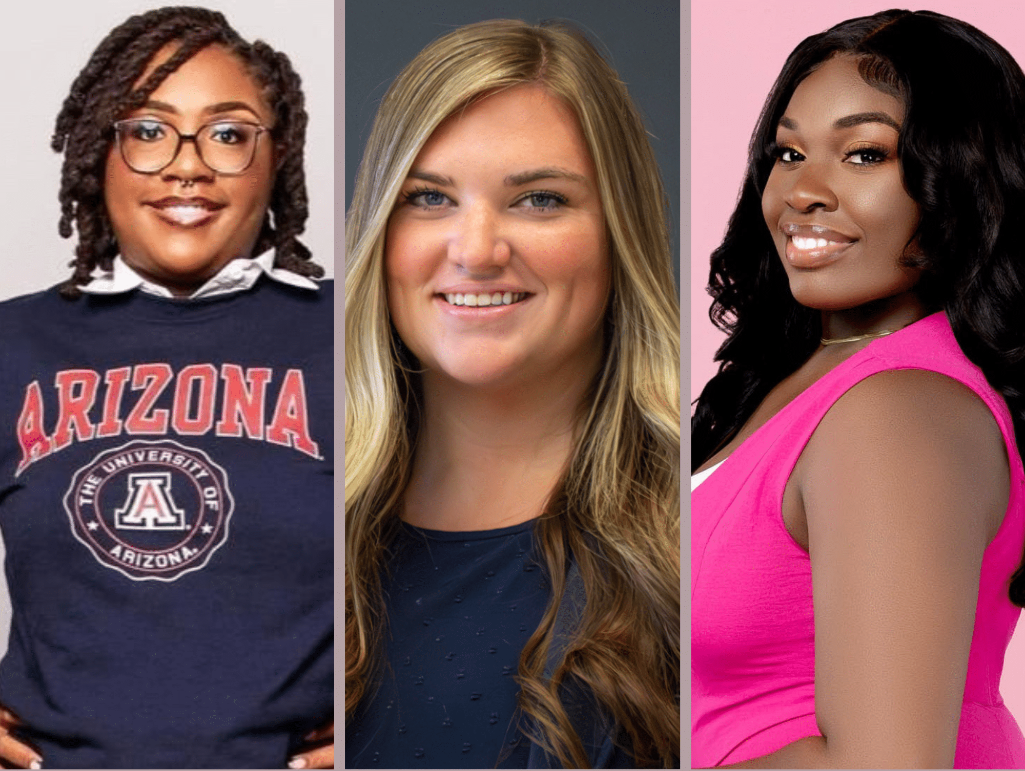 Three women smiling in a collage; first wearing Arizona shirt, second with long hair, third in pink top.