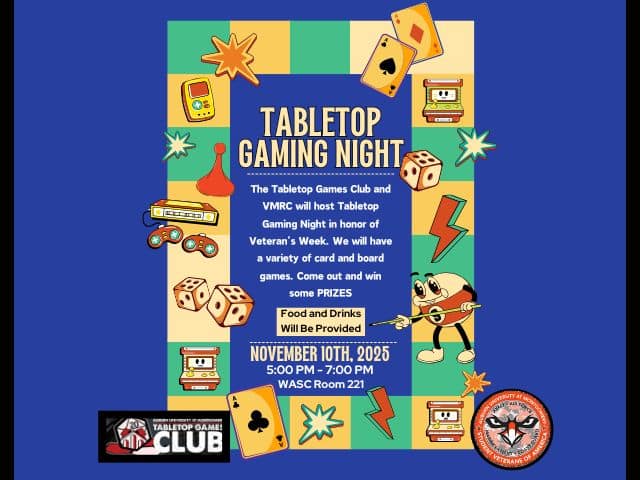Flyer for Tabletop Gaming Night at AUM on November 10, 2025, featuring gaming graphics and event details.