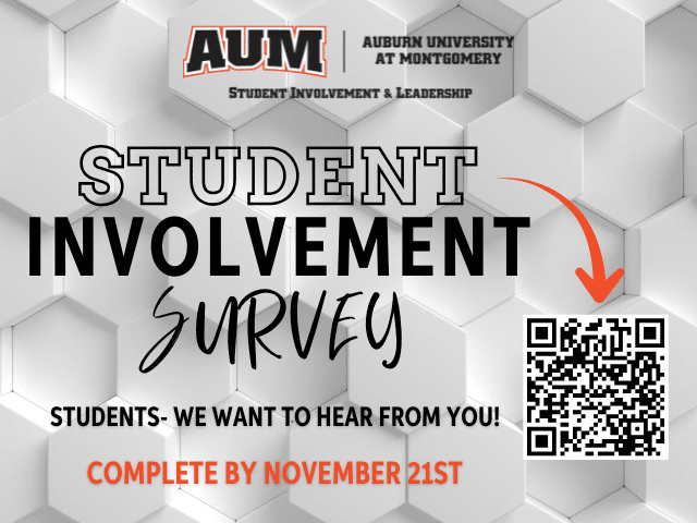 AUM Student Involvement Survey poster with QR code and arrow, complete by November 21st.
