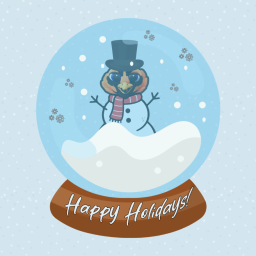 Snow Globe With AUM Mascot Snowman, Snowflakes, And Happy Holidays Text On Base.