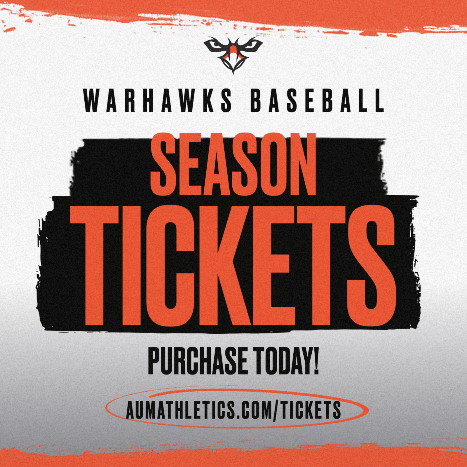 Warhawks Baseball season tickets promo poster with AUM Athletics website link for purchasing tickets.