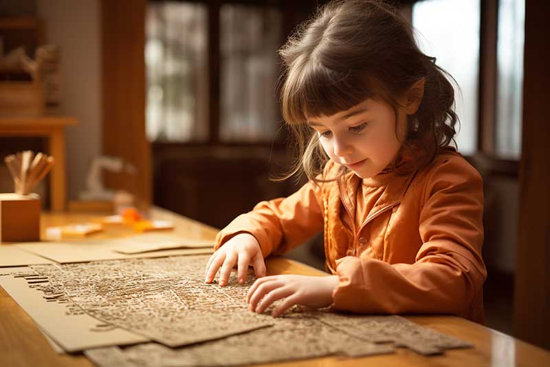 Child engaging in a creative art project with intricate cardboard cutouts at a desk in a warmly lit room.