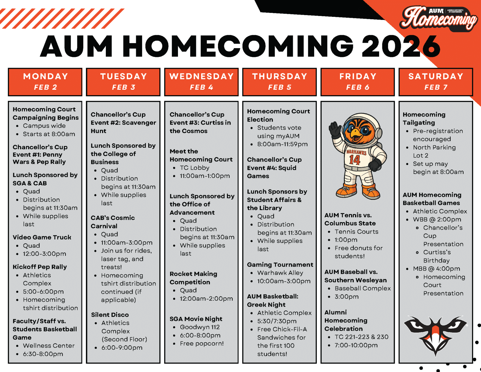 AUM Homecoming 2026 schedule with events from February 2 to February 7.