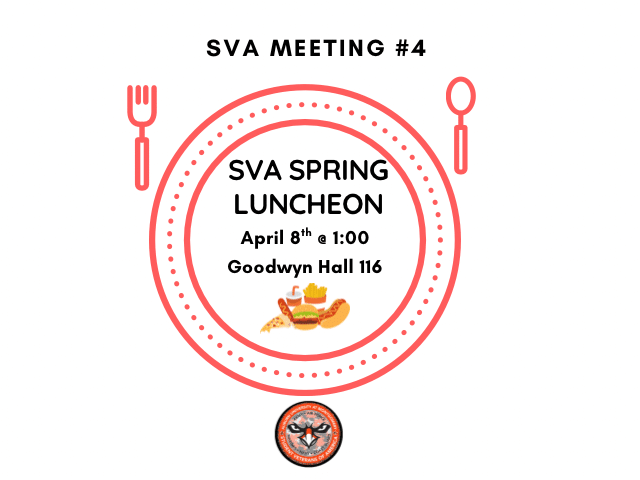 SVA Spring Luncheon invitation featuring a fork, spoon, and food graphic. Event at Goodwyn Hall, April 8th, 1:00 PM.
