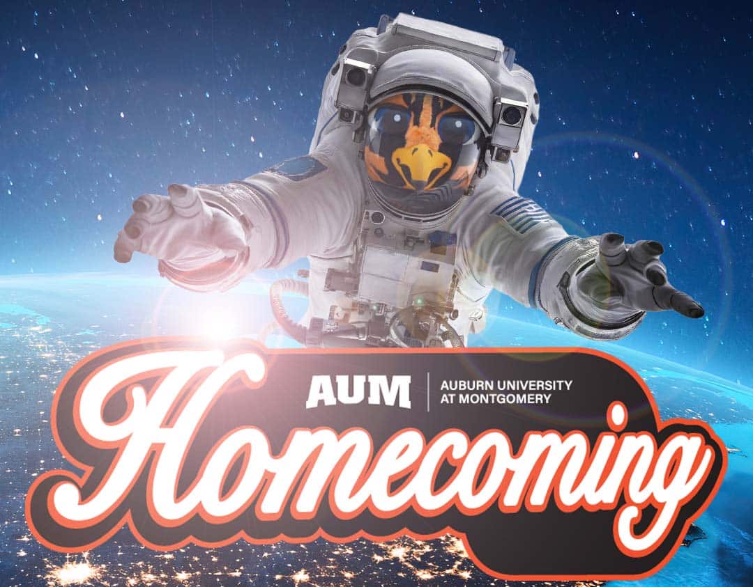 Astronaut with a tiger face in space, AUM Homecoming text in the foreground.