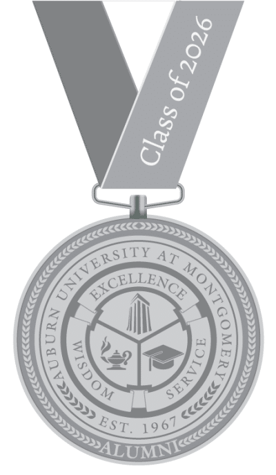 Auburn University at Montgomery alumni medallion with Class of 2026 ribbon and AUM seal: excellence, wisdom, service