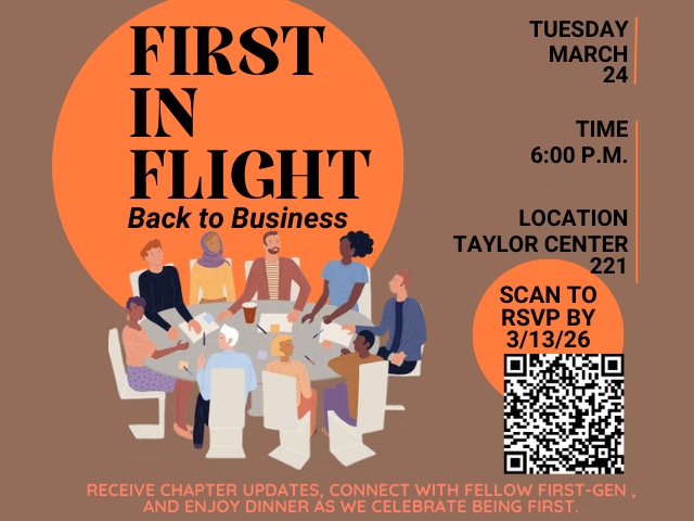 Auburn University at Montgomery First in Flight event flyer with students around a table; March 24, 6pm, Taylor Center 221