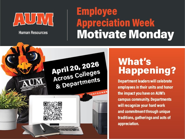Auburn University at Montgomery Employee Appreciation Week Motivate Monday flyer with Warhawk mascot, April 20, 2026.