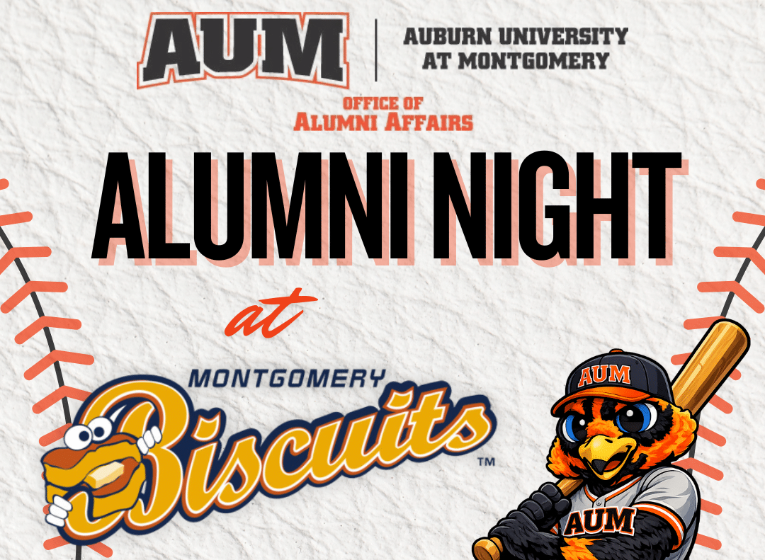 AUM Alumni Night at Montgomery Biscuits baseball game graphic with AUM Alumni Affairs and Warhawk mascot holding bat